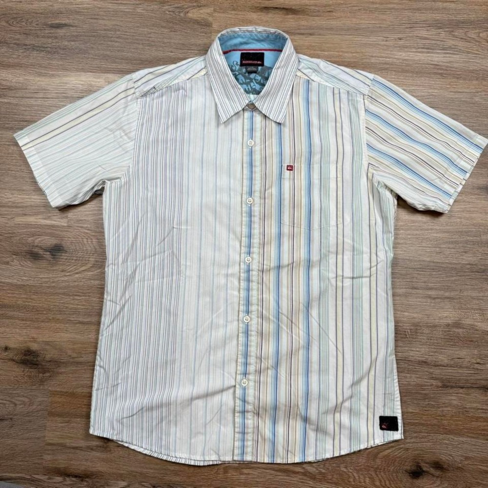 vintage 90s quiksilver striped white surfers short sleeve button up shirt